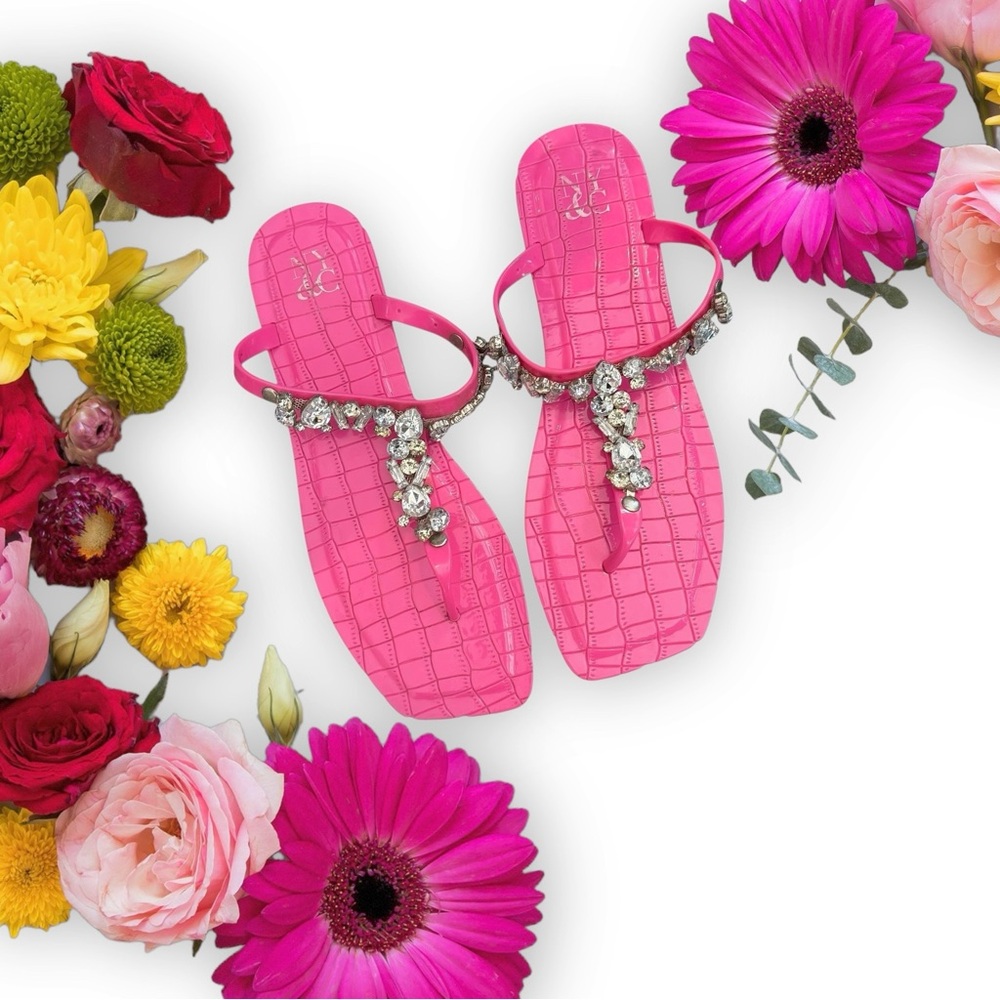 New York & Company Pink Rhinestone Sandals Slip-On Thong Sandals